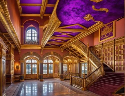 entrance hall,dragon palace hotel,ballroom,hallway,art nouveau,peterhof palace,gold castle,europe palace,art nouveau design,lobby,hallway space,fairy tale castle,ornate room,hall of nations,royal interior,mansion,venetian hotel,hall of the fallen,grand master's palace,the ceiling,Photography,General,Realistic