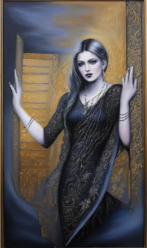 gothic portrait,mystical portrait of a girl,gothic woman,holding a frame,celtic harp,art deco woman,fantasy portrait,priestess,vampira,art deco frame,indian art,portrait of christi,sorceress,golden frame,gold foil art deco frame,fantasy art,gold frame,dark art,goth woman,mirror of souls,Illustration,Abstract Fantasy,Abstract Fantasy 14