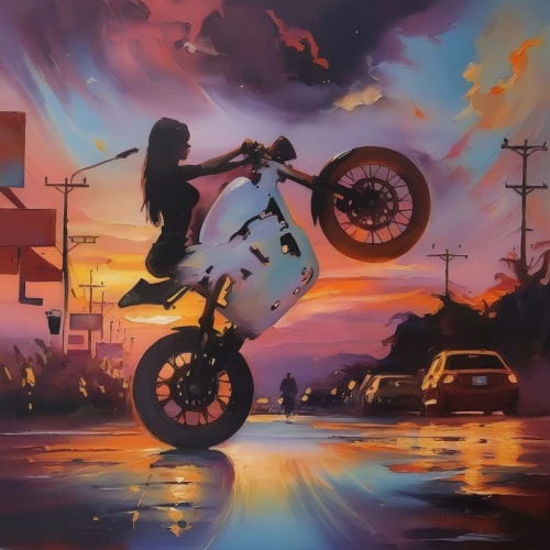 girl with a wheel,bike pop art,scooter riding,bicycle motocross,motorbike,artistic cycling,woman bicycle,oil painting on canvas,unicycle,scooters,wheelie,scooter,two-wheels,motorcycle,motorcycles,electric scooter,bmx,bicycle,two wheels,oil on canvas,Illustration,Paper based,Paper Based 04