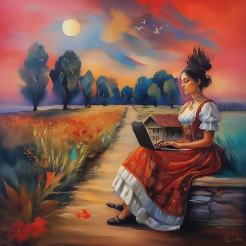 little girl reading,woman playing,girl studying,art painting,khokhloma painting,child with a book,indigenous painting,fantasy picture,oil painting on canvas,radha,girl in the garden,persian poet,indian art,italian painter,mystical portrait of a girl,watermelon painting,vietnamese woman,oil painting,accordion player,fantasy art,Illustration,Paper based,Paper Based 04