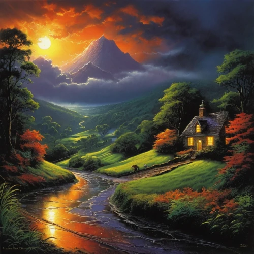 home landscape,rural landscape,landscape background,mountain landscape,mountain scene,nature landscape,autumn landscape,landscape nature,mountainous landscape,beautiful landscape,farm landscape,fantasy landscape,high landscape,house in mountains,landscapes beautiful,natural landscape,green landscape,cottage,forest landscape,meadow landscape,Illustration,Realistic Fantasy,Realistic Fantasy 32