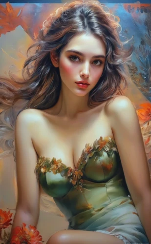 girl in flowers,autumn background,fantasy art,fantasy portrait,faery,oil painting,oil painting on canvas,art painting,faerie,mystical portrait of a girl,girl in a wreath,beautiful girl with flowers,young woman,flower painting,fantasy woman,orange blossom,fantasy picture,splendor of flowers,fae,autumn leaves,Illustration,Paper based,Paper Based 04
