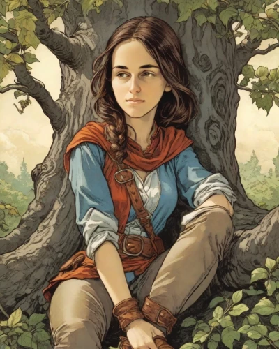 girl with tree,joan of arc,rowan,bunches of rowan,fable,girl picking apples,fantasy portrait,portrait of a girl,girl with bread-and-butter,artemisia,vanessa (butterfly),rosa ' amber cover,girl in the garden,snow white,fairy tale character,girl sitting,heroic fantasy,girl portrait,mystical portrait of a girl,elven,Digital Art,Comic