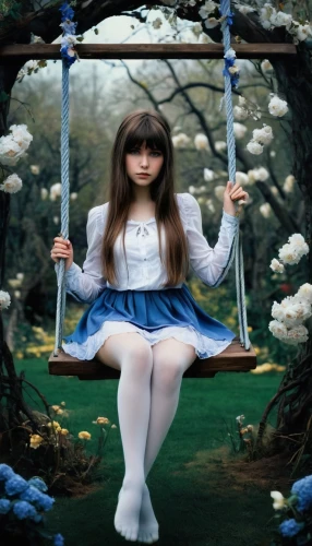 garden swing,marionette,wooden swing,empty swing,alice,swing set,wonderland,alice in wonderland,swing,little girl fairy,child fairy,tumbling doll,hanging swing,bluebell,fairy tale character,the japanese doll,children's fairy tale,japanese doll,golden swing,tree swing,Conceptual Art,Fantasy,Fantasy 34