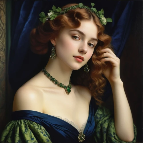 emile vernon,green wreath,portrait of a girl,vintage female portrait,young woman,romantic portrait,girl in a wreath,emerald,poison ivy,victorian lady,diadem,young lady,lillian gish - female,portrait of a woman,fantasy portrait,crème de menthe,in green,ivy,gift of jewelry,vintage woman,Photography,Black and white photography,Black and White Photography 03