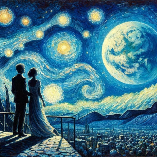 romantic scene,starry night,astronomy,astronomers,the night sky,oil painting on canvas,starry sky,art painting,honeymoon,romantic night,space art,celestial bodies,blue moon rose,the moon and the stars,the universe,universe,vincent van gough,astronomical,fantasy picture,astronomer