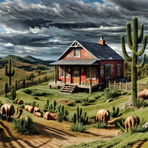 home landscape,david bates,farm house,red barn,country house,country cottage,houses clipart,house painting,farmhouse,farmstead,altiplano,little house,homestead,arid landscape,lonely house,clay house,farm hut,rural style,country side,new mexico