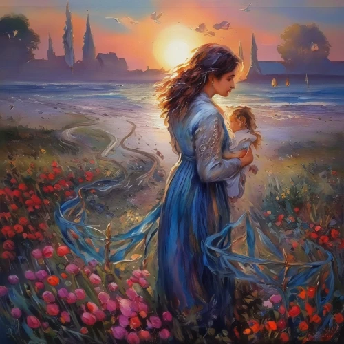 girl picking flowers,little girl and mother,romantic scene,girl with dog,girl in flowers,little girl in wind,romantic portrait,oil painting on canvas,young couple,way of the roses,oil painting,father with child,flower in sunset,girl with a dolphin,little boy and girl,splendor of flowers,holy family,fantasy picture,little girl with balloons,blessing of children,Illustration,Paper based,Paper Based 04