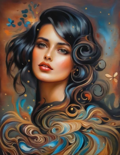 mystical portrait of a girl,oil painting on canvas,fantasy portrait,boho art,fantasy art,art painting,romantic portrait,oil painting,portrait background,the sea maid,autumn icon,mermaid background,siren,wind wave,mermaid vectors,gold foil mermaid,world digital painting,water nymph,flowing water,girl portrait,Illustration,Paper based,Paper Based 04
