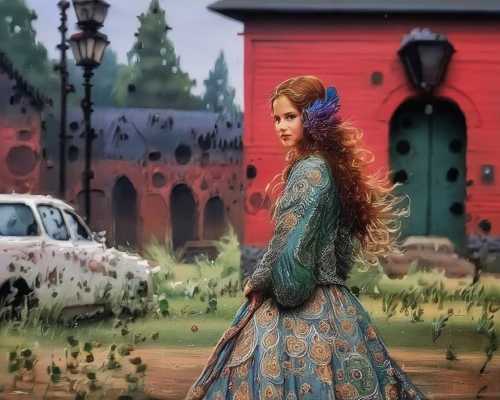 rapunzel,cinderella,merida,girl and car,fairy tale,a fairy tale,girl in a long dress,girl in the garden,fairy tale character,girl in a long dress from the back,fairy tales,princess anna,fantasy picture,girl in a historic way,fairytales,fairytale,girl walking away,world digital painting,children's fairy tale,a girl in a dress,Illustration,Paper based,Paper Based 03