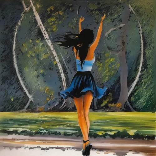 ballerina in the woods,dance with canvases,little girl twirling,dance silhouette,twirling,dancer,majorette (dancer),girl walking away,silhouette dancer,ballerina girl,figure skating,oil painting,twirl,pirouette,dance,girl with tree,oil painting on canvas,baton twirling,little girl in wind,ballet dancer,Illustration,Paper based,Paper Based 03