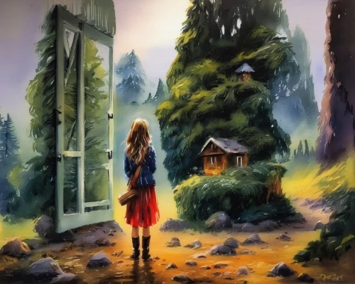 girl walking away,girl with tree,church painting,watercolor background,the girl next to the tree,world digital painting,house in the forest,girl in a long,the little girl's room,lonely house,studio ghibli,woman walking,the girl at the station,oil painting on canvas,girl and boy outdoor,painting technique,children's background,home or lost,landscape background,oil painting,Illustration,Paper based,Paper Based 03