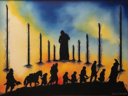 pilgrims,way of the cross,pilgrim,church painting,the pied piper of hamelin,silhouette art,procession,calvary,indigenous painting,saint mark,art silhouette,the good shepherd,pilgrimage,holy family,el salvador dali,khokhloma painting,glass painting,christopher columbus,shepherds,all saints' day,Illustration,Paper based,Paper Based 03