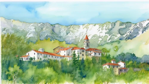 moustiers-sainte-marie,transfogarska,church painting,prislop monastery,haute-savoie,watercolor sketch,eastern pyrenees,monastery,cabrales,kravice,bucegi,mountain village,mountain settlement,montenegro,borjomi,asturias,alpine village,watercolor,lycian,st catherine's monastery,Illustration,Realistic Fantasy,Realistic Fantasy 04