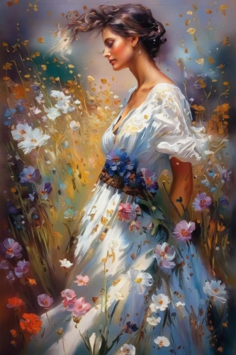 girl in flowers,splendor of flowers,girl in the garden,beautiful girl with flowers,girl picking flowers,romantic portrait,flower painting,jasmine blossom,oil painting on canvas,scent of jasmine,mystical portrait of a girl,flower girl,girl in a long dress,art painting,oil painting,wreath of flowers,a beautiful jasmine,radha,scent of roses,italian painter,Illustration,Paper based,Paper Based 04