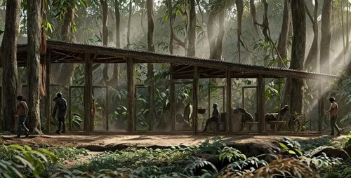 house in the forest,elephant camp,rainforest,jungle,rain forest,concept art,the forest,maya civilization,forest ground,tamborim,the forests,forest workplace,maya city,treehouse,forest background,swamp,bamboo forest,homestead,the woods,huts