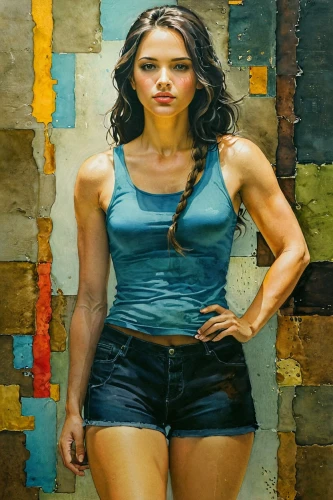 ronda,color pencil,muscle woman,girl in overalls,portrait background,colored pencil background,veronica,oil painting,art model,oil painting on canvas,oil on canvas,fitness model,aditi rao hydari,color pencils,pole vaulter,blue painting,young woman,strong woman,muscular,santana,Illustration,Paper based,Paper Based 03