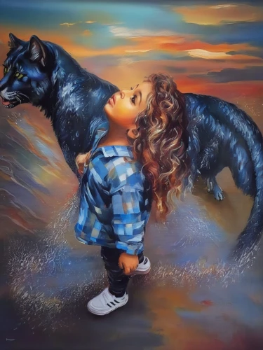 girl with dog,oil painting on canvas,boy and dog,oil painting,howling wolf,art painting,constellation wolf,little girl running,kelpie,two wolves,wolves,oil on canvas,fantasy art,wolf,chalk drawing,little girl in wind,black shepherd,wolf couple,little boy and girl,dog and cat,Illustration,Paper based,Paper Based 04