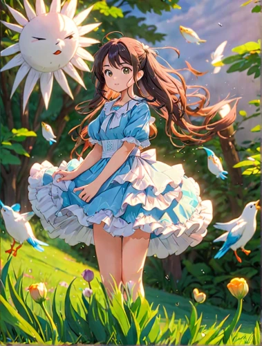 studio ghibli,springtime background,spring background,falling flowers,girl in flowers,blooming field,sakura florals,girl picking flowers,flower fairy,girl in the garden,sea of flowers,tsumugi kotobuki k-on,picking flowers,wonderland,field of flowers,blue bird,flower background,japanese sakura background,flora,country dress,Anime,Anime,Traditional