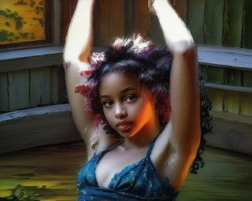 digital painting,world digital painting,photo painting,digital art,digital artwork,mystical portrait of a girl,fantasy portrait,afro american girls,african american woman,afro-american,girl portrait,oil painting,digital drawing,hand digital painting,relaxed young girl,artistic portrait,young woman,foreshortening,water nymph,colored pencil background,Illustration,Paper based,Paper Based 03