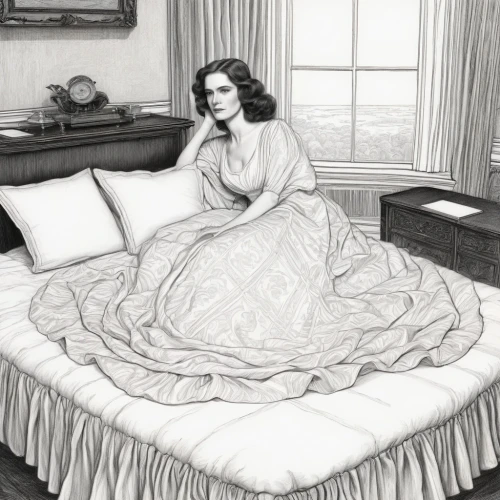 woman on bed,bed skirt,rita hayworth,greer garson-hollywood,bed linen,bed sheet,girl in bed,bedding,bed,elizabeth taylor,duvet cover,comforter,maureen o'hara - female,nightgown,linens,elizabeth taylor-hollywood,greta garbo-hollywood,mattress pad,brooke shields,katherine hepburn,Illustration,Black and White,Black and White 28