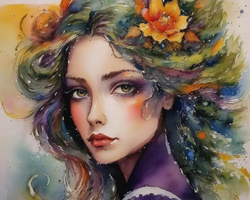 watercolor wreath,girl in a wreath,watercolor women accessory,girl in flowers,watercolor mermaid,flora,watercolor painting,fantasy portrait,boho art,flower painting,watercolor flower,watercolor,watercolor flowers,watercolor pencils,medusa,flower hat,watercolor paint,fairy peacock,faery,floral wreath,Illustration,Paper based,Paper Based 03