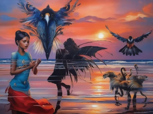 fantasy art,fantasy picture,indigenous painting,shamanic,shamanism,antasy,indian art,3d fantasy,surrealism,heroic fantasy,the night of kupala,art painting,khokhloma painting,janmastami,oil painting on canvas,ramayana,warrior woman,animals hunting,girl with a dolphin,folklore,Illustration,Paper based,Paper Based 04
