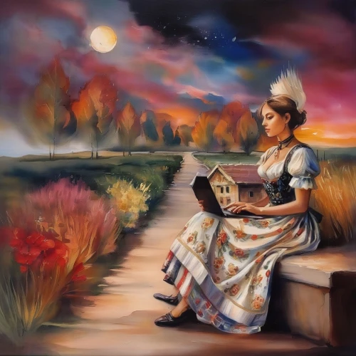 little girl reading,fantasy picture,woman playing,girl studying,pocahontas,art painting,fantasy art,women's novels,fantasy portrait,child with a book,world digital painting,fairy tale character,romantic portrait,mystical portrait of a girl,read a book,persian poet,woman holding pie,oil painting on canvas,oil painting,author,Illustration,Paper based,Paper Based 04
