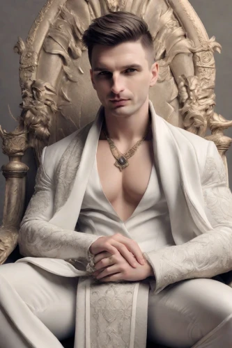 throne,male model,white silk,white clothing,the throne,white rose snow queen,male ballet dancer,white velvet,bridegroom,monarchy,male elf,white coat,vestment,king arthur,barong,greek god,cullen skink,white gold,thrones,fur clothing,Photography,Realistic