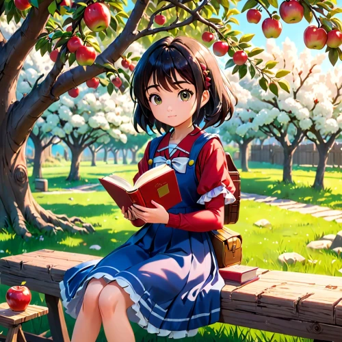 girl picking apples,picking apple,apple orchard,apple harvest,red apples,cherries,apple tree,cherry tree,apple world,apple picking,eating apple,apples,heart cherries,woman eating apple,sweet cherries,apple blossoms,apple,red apple,cherry trees,basket of apples,Anime,Anime,Traditional
