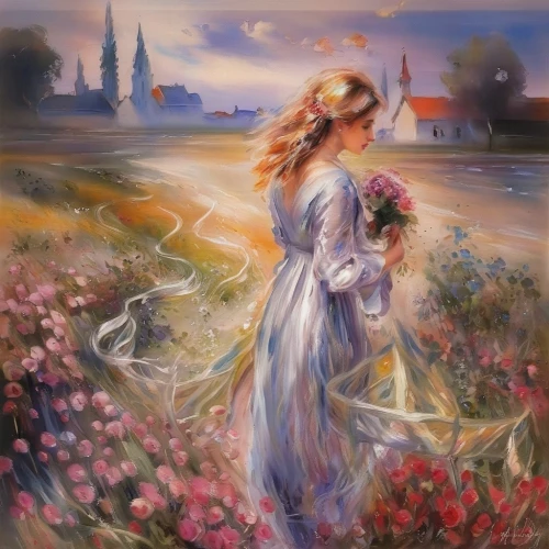 romantic scene,girl picking flowers,promenade,romantic portrait,idyll,flower painting,oil painting on canvas,oil painting,romantic rose,way of the roses,young couple,love in the mist,splendor of flowers,girl in flowers,art painting,scent of roses,springtime background,picking flowers,la violetta,church painting,Illustration,Paper based,Paper Based 11