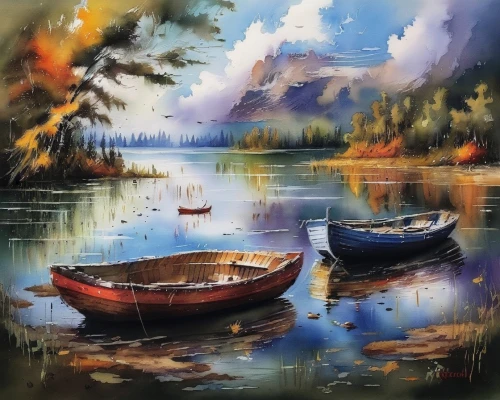 boat landscape,oil painting on canvas,autumn landscape,fishing boats,oil painting,art painting,autumn idyll,wooden boats,sea landscape,river landscape,rowboats,wooden boat,coastal landscape,fall landscape,landscape background,oil on canvas,canoes,fishing float,boats,glass painting,Illustration,Paper based,Paper Based 03