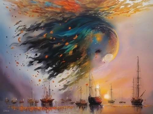 the wind from the sea,waterglobe,oil painting on canvas,world digital painting,birds of the sea,sailing orange,fantasy art,sea landscape,windjammer,sea fantasy,fantasy picture,sea sailing ship,sea storm,murano,art painting,inflation of sail,sailing ship,oil painting,migration,wind machine,Illustration,Paper based,Paper Based 04