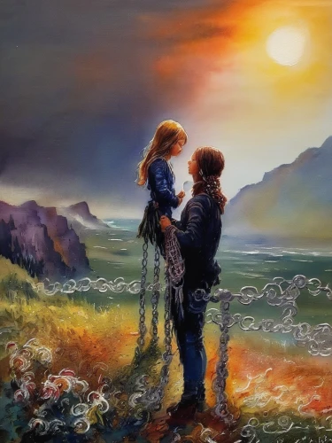romantic scene,loving couple sunrise,young couple,landscape background,oil painting on canvas,art painting,before sunrise,shepherd romance,romantic portrait,love in the mist,oil painting,photo painting,idyll,fantasy picture,oil on canvas,girl and boy outdoor,love background,romantic,couple in love,fantasy art,Illustration,Paper based,Paper Based 03