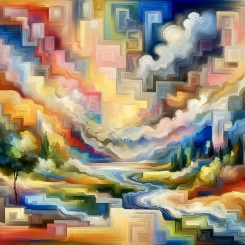 stratocumulus,mountain sunrise,panoramical,rainbow clouds,mountain scene,mountain landscape,lsd,computer art,color fields,landscape background,cloud image,mountains,painting technique,cascades,digital artwork,virtual landscape,mountainous landscape,abstract artwork,cloud mountain,river landscape