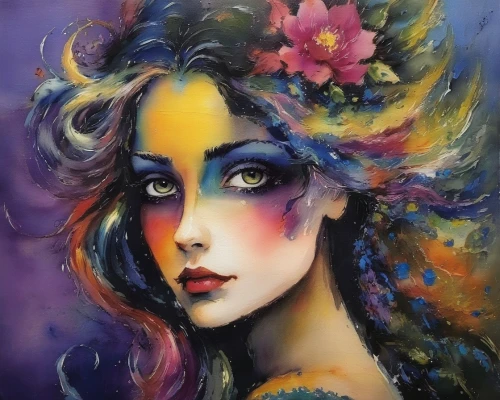 boho art,oil painting on canvas,girl in flowers,faery,flower painting,watercolor women accessory,fantasy portrait,girl in a wreath,oil painting,la violetta,faerie,art painting,fantasy art,mystical portrait of a girl,passionflower,masquerade,fairy peacock,headdress,fairy queen,fae,Illustration,Paper based,Paper Based 03