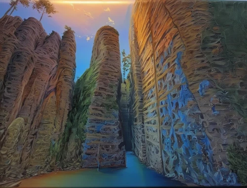 pancake rocks,panoramic landscape,panoramical,narrows,desert landscape,fairyland canyon,desert desert landscape,al siq canyon,rock formations,sandstone rocks,slide canvas,canyon,painting technique,virtual landscape,rock formation,glass painting,colored pencil background,sandstone wall,red canyon tunnel,pano,Illustration,Paper based,Paper Based 04