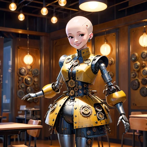 minibot,barista,humanoid,female doll,bartender,steampunk,droid,tilda,barmaid,b3d,tau,ai,3d model,bot,robot,c-3po,cinema 4d,sci fi,robot in space,cyberpunk,Anime,Anime,Cartoon