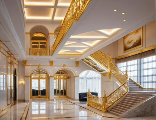 luxury hotel,gold wall,hallway,luxury home interior,lobby,gold stucco frame,largest hotel in dubai,gold lacquer,entrance hall,hotel hall,luxury property,marble palace,interior decoration,crown palace,ballroom,art deco,gold castle,emirates palace hotel,interior decor,venetian hotel,Photography,General,Realistic