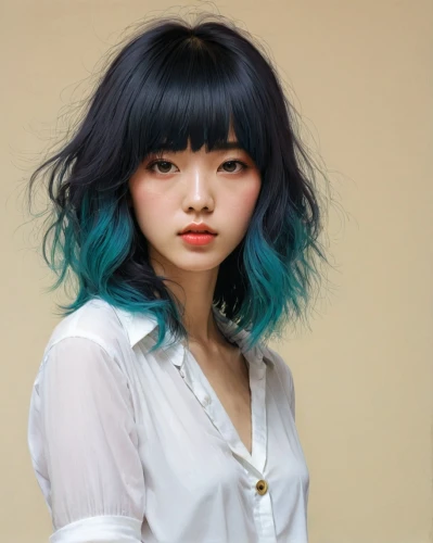 teal blue asia,blue hair,color turquoise,asian woman,noodle image,vintage asian,natural color,layered hair,japanese woman,trend color,turquoise,oriental girl,asian girl,asymmetric cut,blue mint,artist color,jasmine blue,color blue,watercolor blue,teal,Illustration,Paper based,Paper Based 19