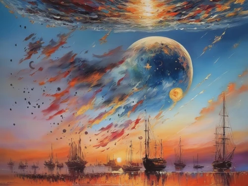 space art,fireworks art,hanging moon,oil painting on canvas,phase of the moon,sailing ships,hot air balloons,fantasy picture,fantasy art,heliosphere,fantasy landscape,sea fantasy,waterglobe,art painting,moon and star background,airships,moonrise,celestial bodies,astronomy,ocean pollution,Illustration,Paper based,Paper Based 04