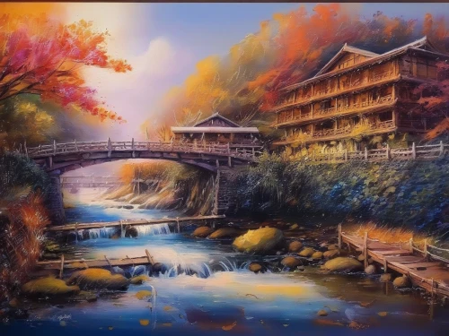 water mill,river landscape,art painting,oriental painting,watercolor shops,japan landscape,oil painting on canvas,rainbow bridge,old mill,wooden bridge,landscape background,oil painting,chinese art,photo painting,painting technique,autumn landscape,home landscape,dutch mill,gristmill,watercolor painting,Illustration,Paper based,Paper Based 04
