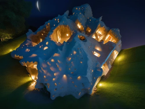 cubic house,fractal lights,fairy chimney,building honeycomb,water cube,3d render,honeycomb structure,stone lamp,glass pyramid,salt crystal lamp,tealight,drip castle,illuminated lantern,render,light fractal,fairy house,lava dome,cube stilt houses,strange structure,healing stone,Photography,General,Realistic