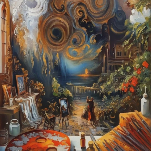 fantasy picture,fantasy art,fantasy landscape,meticulous painting,mushroom landscape,alchemy,oil painting on canvas,the mystical path,psychedelic art,art painting,khokhloma painting,sci fiction illustration,oil on canvas,musical background,shamanism,3d fantasy,fantasy world,painting technique,background image,italian painter,Illustration,Paper based,Paper Based 04