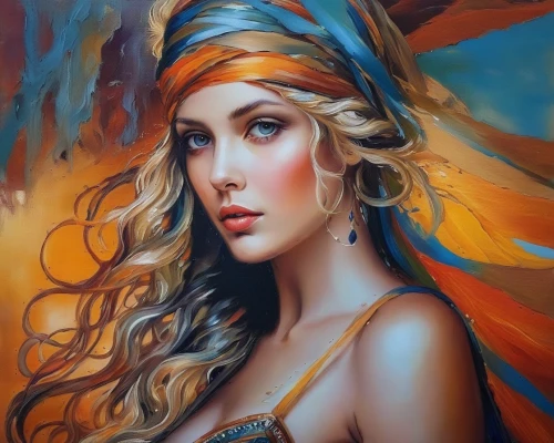 fantasy art,oil painting on canvas,boho art,fantasy portrait,oil painting,mystical portrait of a girl,feather headdress,headdress,gypsy soul,art painting,fantasy woman,italian painter,romantic portrait,faery,young woman,athena,tiger lily,sorceress,faerie,beautiful bonnet,Illustration,Paper based,Paper Based 04