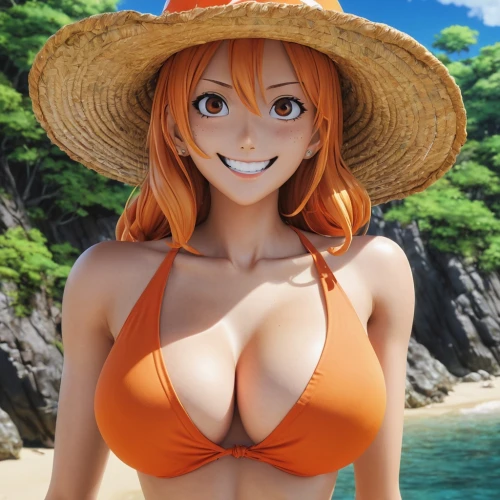 nami,straw hat,one-piece swimsuit,one piece,sun hat,summer hat,orange,high sun hat,straw hats,honoka,coconut hat,mock sun hat,orange color,oranges,summer swimsuit,vitamin c,beach background,summer background,maci,asuka langley soryu,Illustration,Japanese style,Japanese Style 14