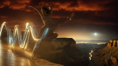 fire dancer,cliff jumping,chasm,drawing with light,aerial hoop,photo manipulation,light painting,lightpainting,base jumping,tightrope walker,digital compositing,aerialist,take-off of a cliff,tiber riven,leap of faith,jumping off,angel's landing,photomanipulation,light paint,fantasy picture