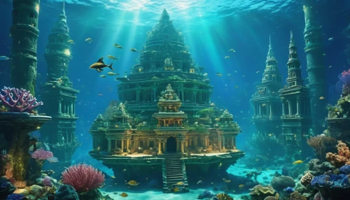 underwater playground,underwater oasis,aquarium,underwater landscape,underwater background,sunken church,coral reef,ocean underwater,underwater world,under the sea,atlantis,under sea,reef tank,house of the sea,under the water,cube sea,aquarium decor,ocean floor,under water,water castle,Photography,General,Realistic