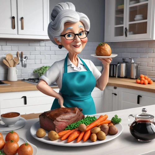 grandma,chef,elderly lady,food and cooking,grandmother,elderly person,girl in the kitchen,granny,food preparation,cookware and bakeware,pensioner,woman holding pie,nanny,cooking vegetables,cooking book cover,digital compositing,marroni,cutting vegetables,mirepoix,grama,Unique,3D,3D Character