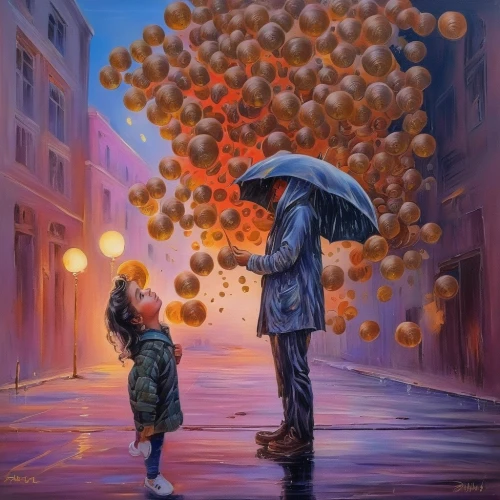 little girl with balloons,little girl with umbrella,oil painting on canvas,umbrellas,colorful balloons,walking in the rain,art painting,romantic scene,golden rain,man with umbrella,balloons,oil painting,pink balloons,world digital painting,balloon,heart balloons,ballon,red balloon,umbrella,little boy and girl,Illustration,Paper based,Paper Based 04